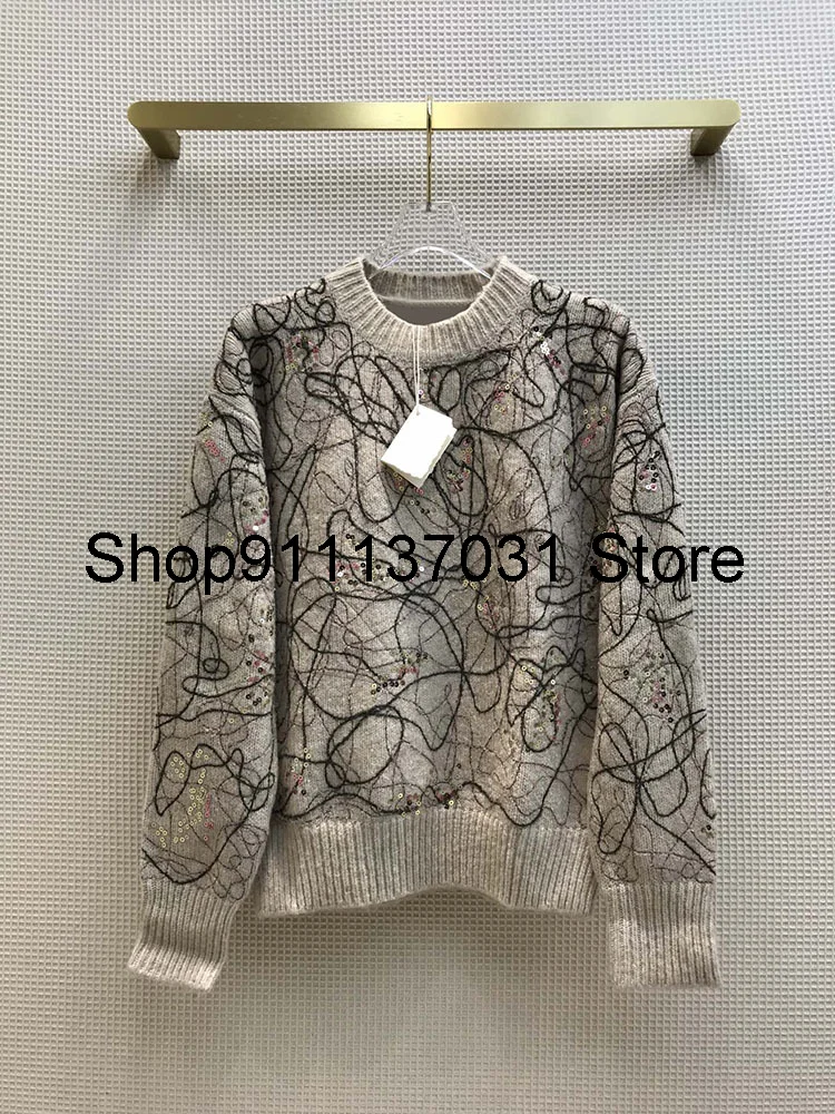 

women winter embroidery o- neck cashmere sweater at200913