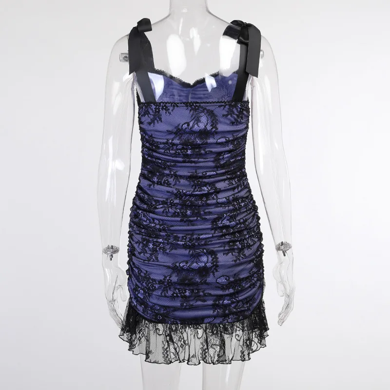 

2021 Summer Clubwear Girls Y2k Fashion Mesh Camisole Mini Dress Gothic Women Sexy Pleated Skirt Dark Lace-up Straps Wrap Dress