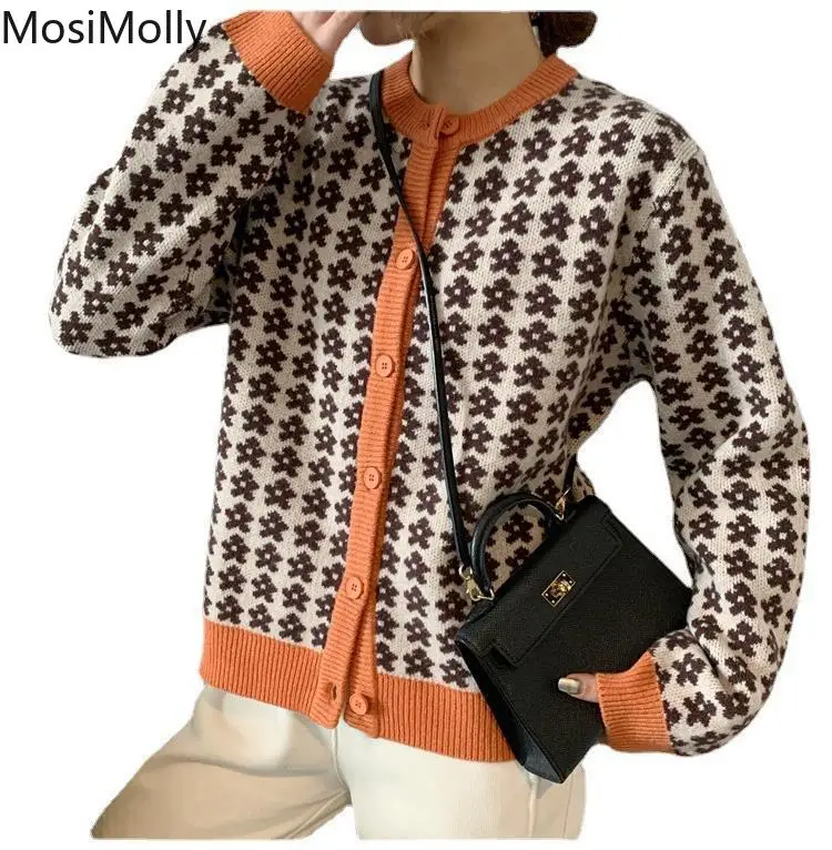 

O Neck Flower Jacquard Sweater Cardigan Korean Style Women Sweater Jumper 2021 AW Floral Sweater Knits