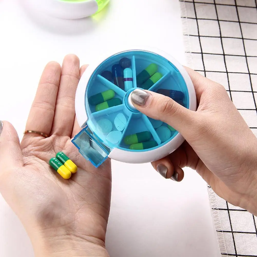 

1pcs Portable Round Pill Case 7Days 7-Grid Rotary Pill Week Multi-functional Box Creative Box Organize Medicine One Storage J5K8