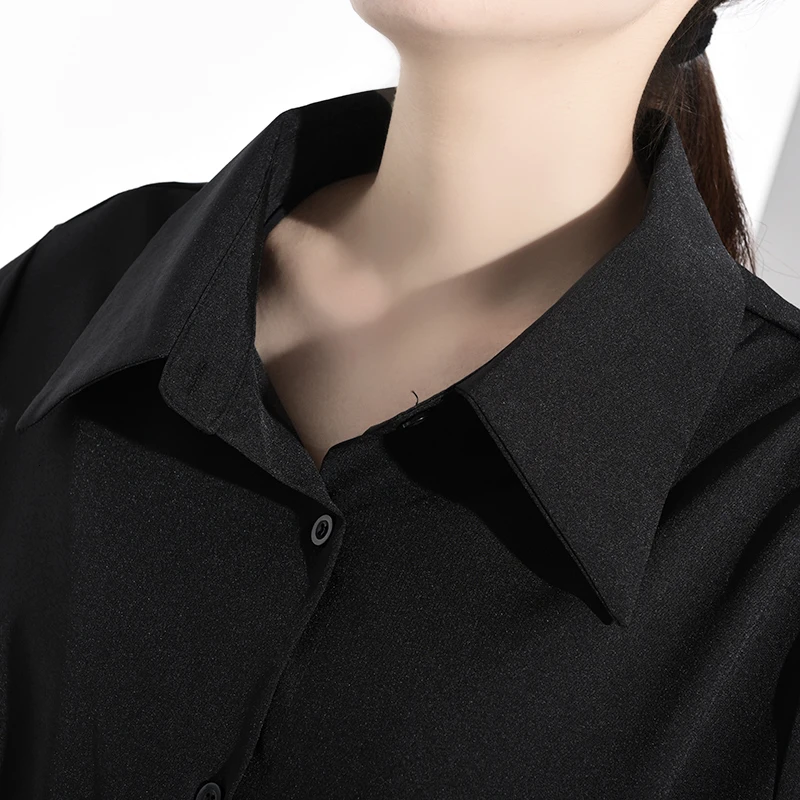 [EAM] Women Black Print Asymmetrical Big Size Shirt Dress New Lapel Long Sleeve Loose Fit Fashion Spring Autumn 1B060