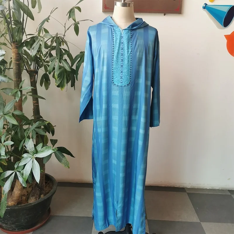 Traditional Striped Men's Long Sleeve Hooded Robe Muslim Oversized Long Shirt Mens Casual Shirts Plus Size Male Clothes 2021