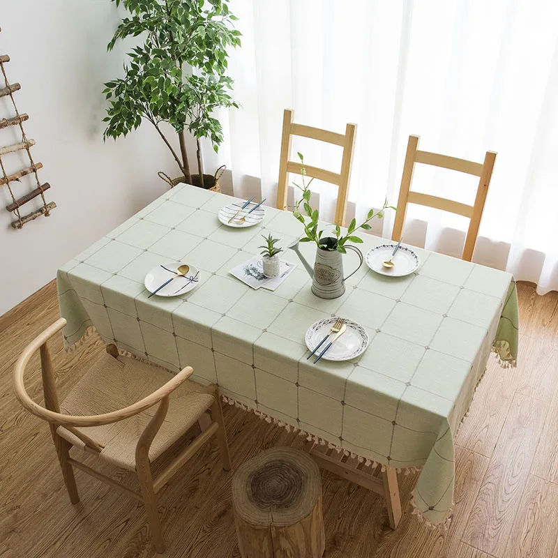 Однотонная льняная скатерть с кисточками водонепроницаемая маслостойкая