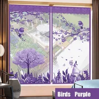 Cute Purple Tree Birds Door Window Mesh Screen Zipper Opening Yarn Air Tulle Fly Mosquito Net Curtain Removeable Washable