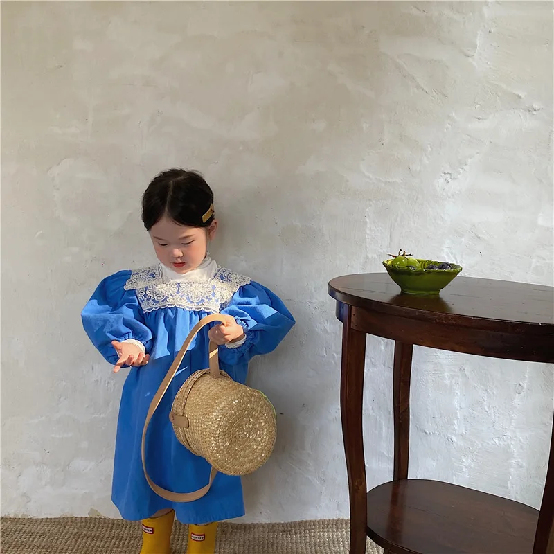 

2021 Fall Girls Lace Puff Sleeves Square Collar Princess Dresses Toddler Children Solid Color Cotton Casual Dress
