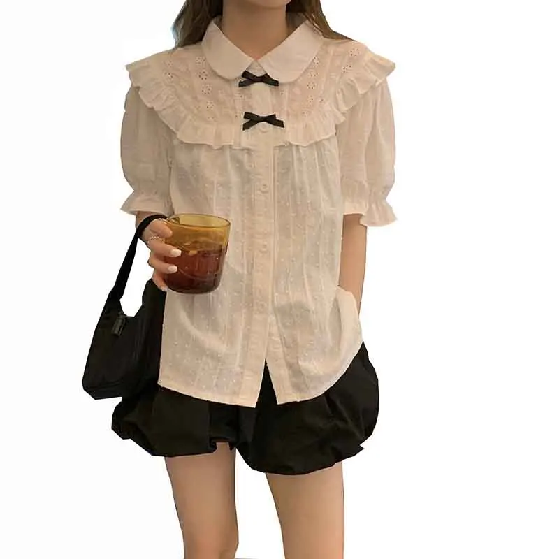 

Kawaii Blouse Shirts Women Top Aesthetic Peter Pan Collar Cute Bow Cotton Sweet Shirts for Teenage Girls Summer Japanese Style