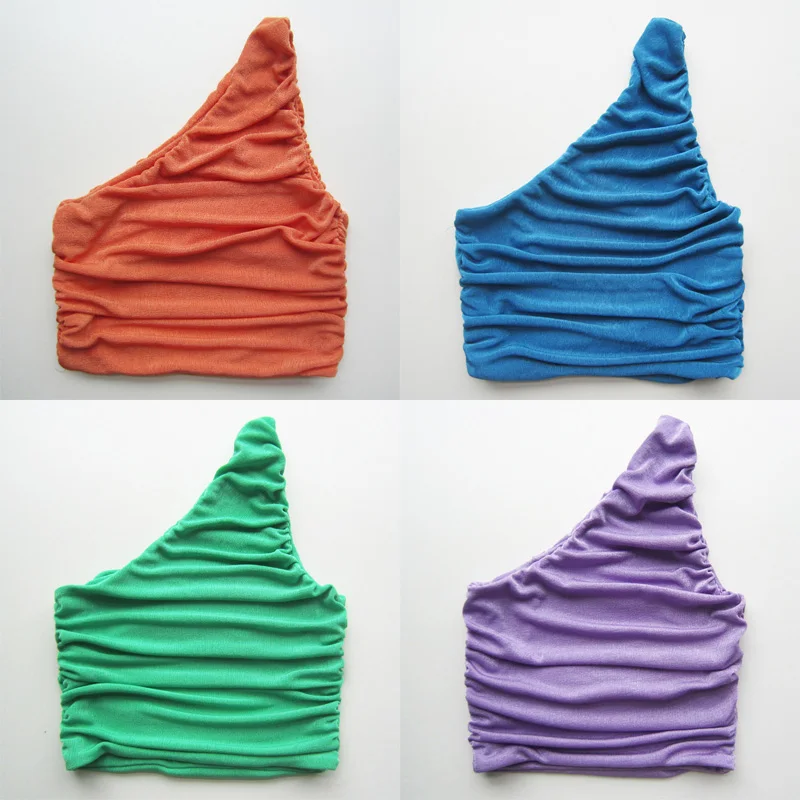 

One Shoulder Women Sexy Sleeveless Ruched Tank Top Summer White Black Blue Orange Plain Short