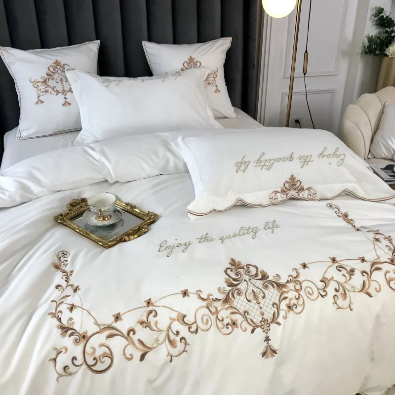 

Chic Embroidery Bedding set Luxury Brushed Cotton Soft Warm Down Duvet Cover set Bed sheet set Pillow shams Queen King size 4Pcs