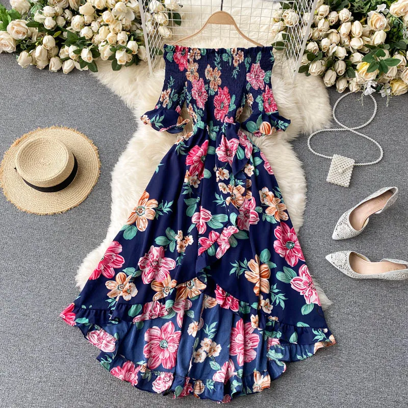 

Boho Vintage Ruffles Floral Print 2020 split Sexy Off Shoulder Dress Summer Maxi Long Party Women Irregular Beach Holiday dress