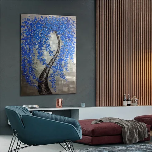 

ORIGINAL Modern Hand Painted Blue Flowers Tree Oil Painting On Canvas Wall Art