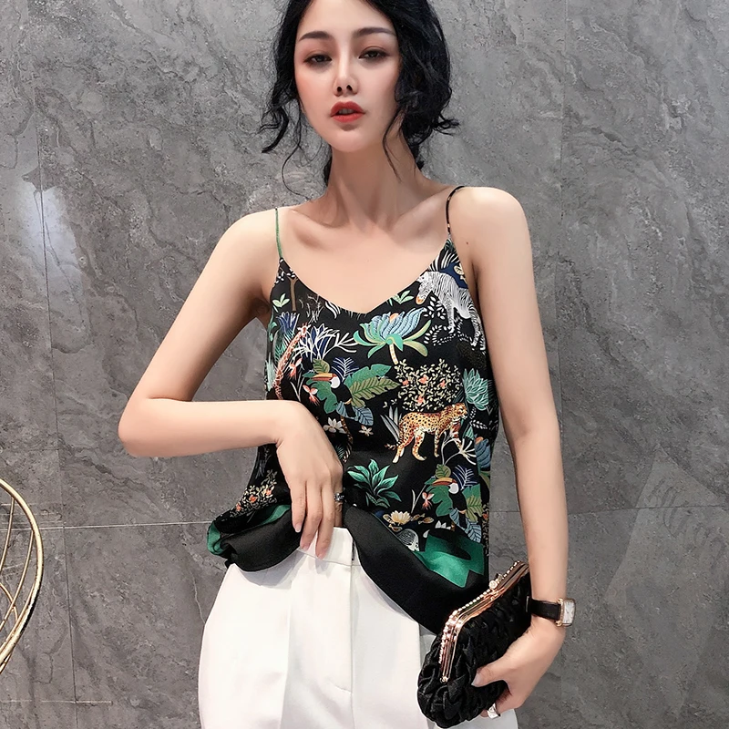 Vogue Elegant Prints Camisole Vest Women Sexy V-Neck Satin Silk Floral Animals Printed Office Lady Fashion Sling Tank Tops 2020 | Женская