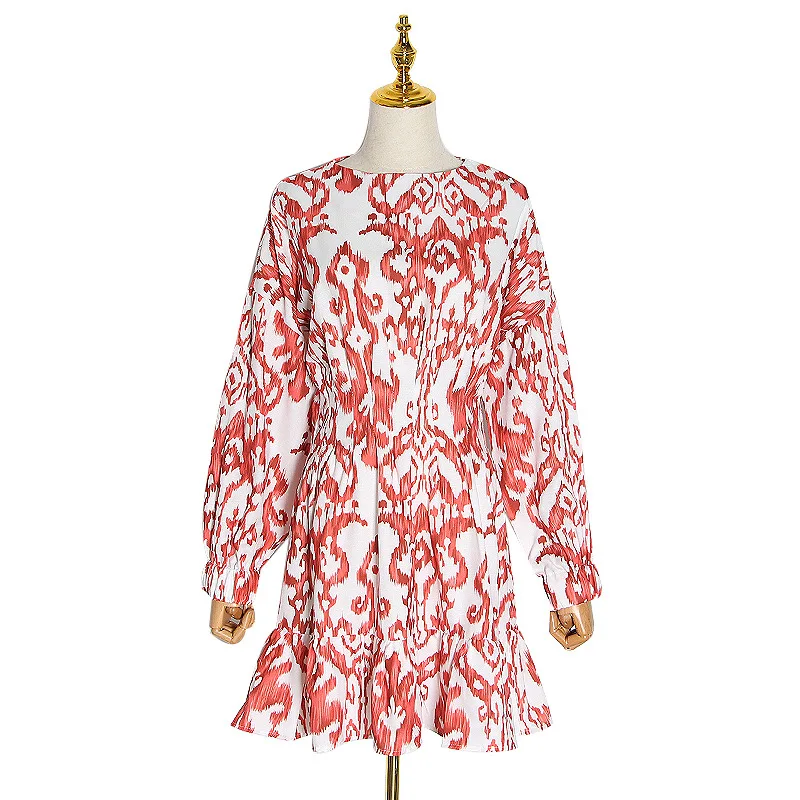 

Fashion Trend High Quality Ladies Party Dress 2020 Autumn Retro Print Round Neck Lantern Sleeve Dress French Style