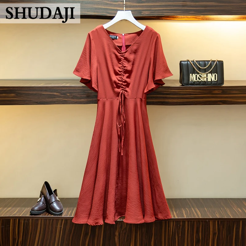 Women's Fat Mm19 Summer Dresses With Rough Waist And Abdomen Flared Sleeves V-neck Long Skirt | Женская одежда