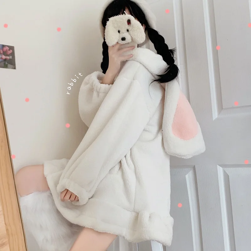 Japanese Kawaii Rabbit Ears Hooded Lambswool Coat For Women  Winter Full Sleeve Cute Single-Breasted Soft Girl Lolita Outweare