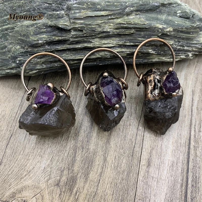 Rough Natural Amethysts Bead Paved Smoky Quartzs Crystal Nugget Necklace Pendants Bronze Soldered Vintage Boho Jewelry MY210823