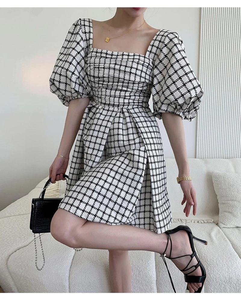 

Dresses for Women 2021 Summer Dress Square Collar Mini Plaid Vestidos Mujer Verano Robes Casual Vintage Harajuku Korean Lady ins