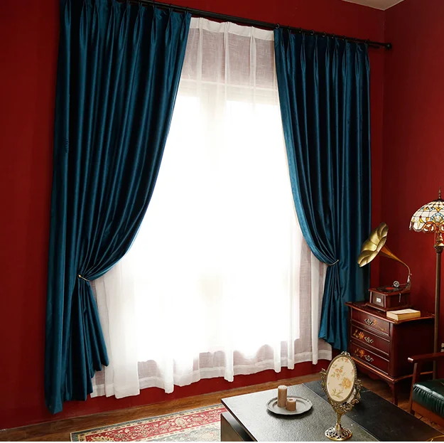 

Light Luxury French Style Curtains for Living Room Dining Bedroom Deep Sea Blue Baroque Curtains VelvetAll Black Shading Curtain
