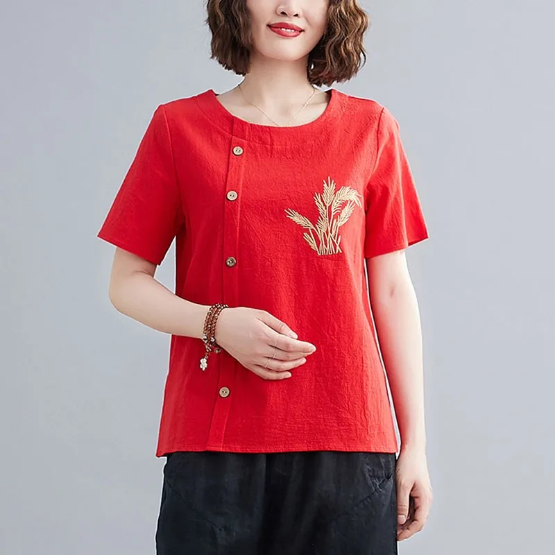 

Women Cotton Linen Casual T-shirts New Arrival 2021 Summer Simple Style O-neck Vintage Embroidery Loose Female Tops Tees S2879