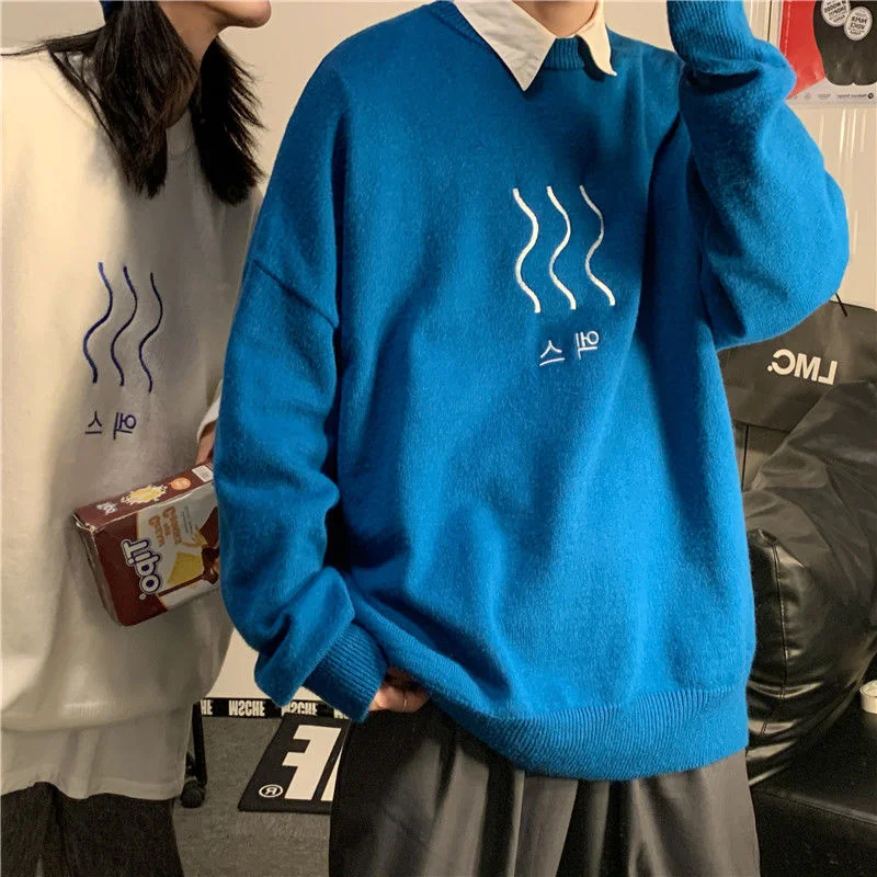 

Мужской вязаный свитер с длинным рукавом, синий мягкий Свободный пуловер с вышивкой, зима 2021