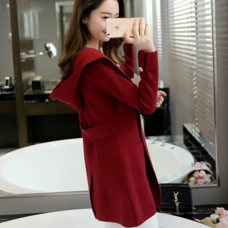 Свободный Женский вязаный кардиган с капюшоном свитер длинный шерстяной Тренч