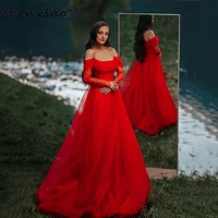 chenxiao red tulle evening dresses scalloped collar off the shoulder sleeve fairy new design pearls pleat special occasion