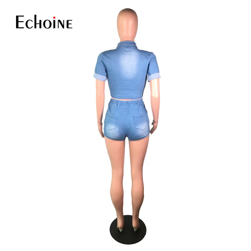 

Echoine Women High elasticity Denim Set Fashion Corset Tops Short Two Piece Matching Suits 2021 Female Party Streetwear Clothing