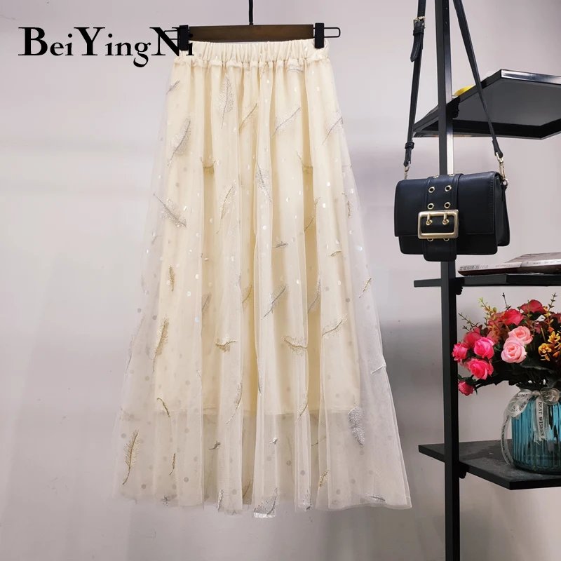 Beiyingni Tutu Skirt Women Long Korean Casual Tulle Midi Pleated Skirts Womens Pink Black White Polka Dot Embroidery | Женская одежда