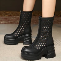 summer creepers women hollow genuine leather high heel ankle boots female high top round toe chunky platform pumps casual shoes