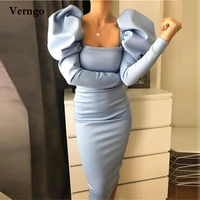 verngo elegant light baby blue evening dresses puff long sleeves satin under knee length prom gown simple formal party dress