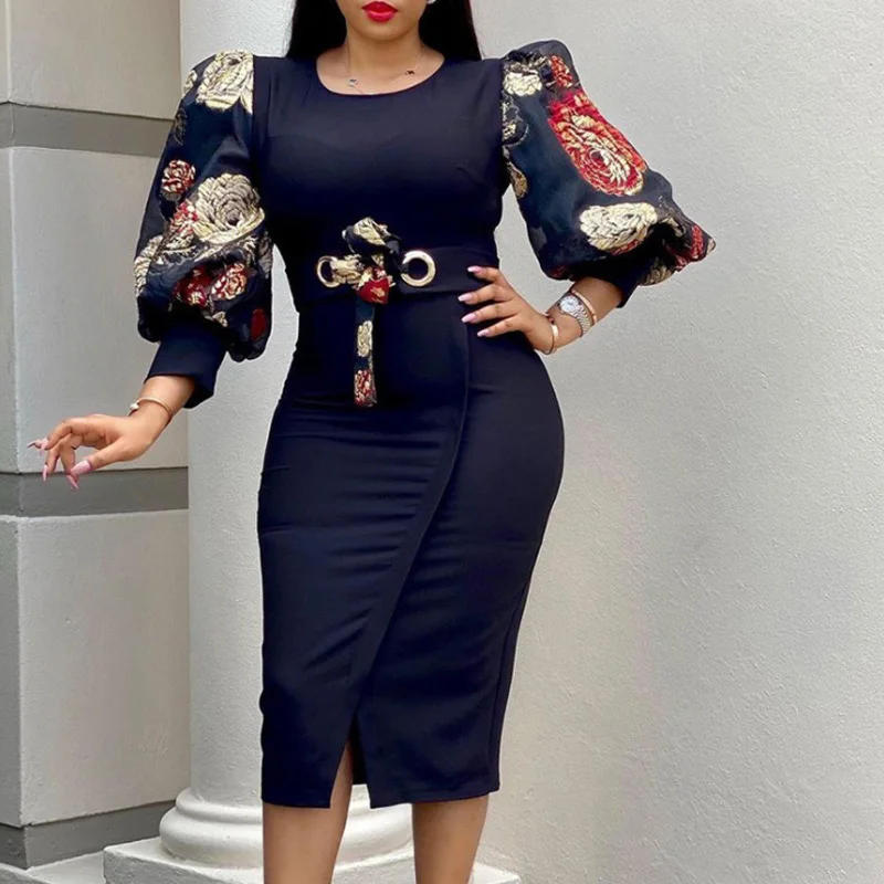 

Vintage Floral Print O Neck Ladies Party Dress Women Elegant Long Lantern Sleeve Slim Pencil Dress Spring Bodycon Dress Vestidos
