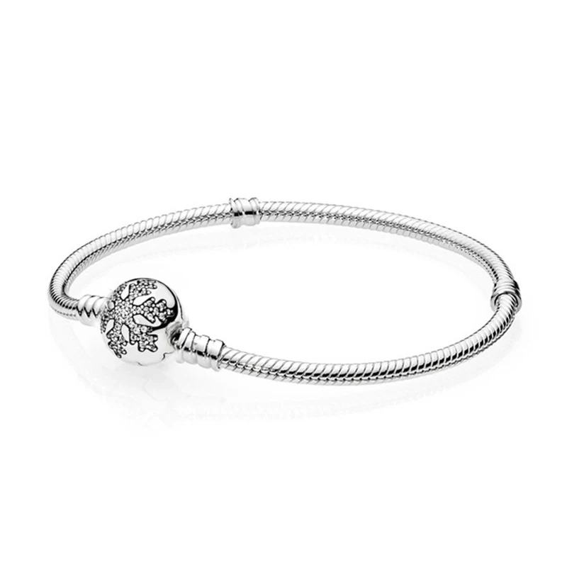 

925 Sterling Silver Pan Bracelet Crystal Snowflake Clap Snake Chain Bracelet Bangle Fit Women Bead Charm Fashion Jewelry