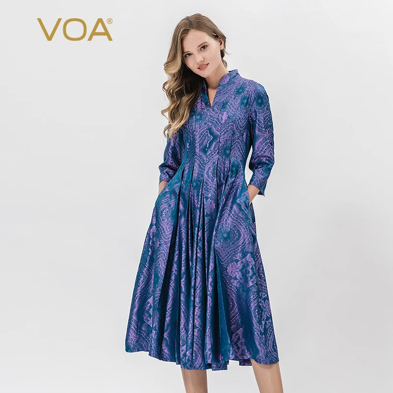 VOA 2018 весеннее темно синее винтажное платье больших размеров с высокой талией