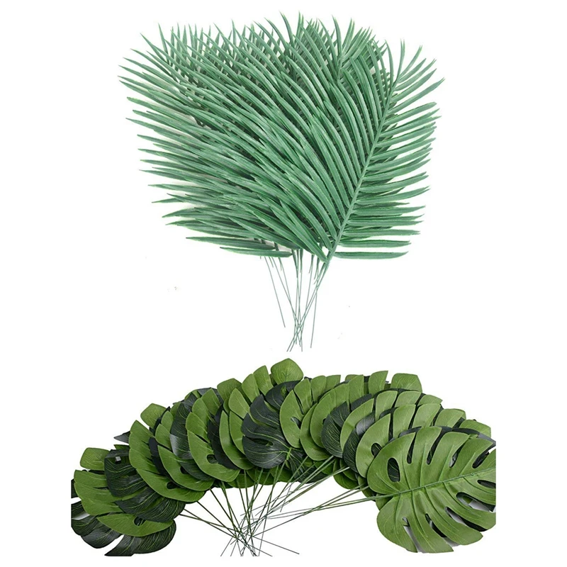 

24 Counts Fake Faux Artificial Tropical Palm Leaves for Home Kitchen Party Decorations or Handcrafts & 10PCS Artificial Palm Tre
