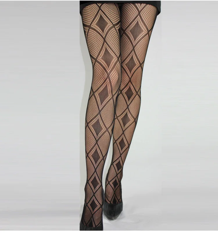 Модные женские чулки с узором в сеточку черные жаккардовые колготки
