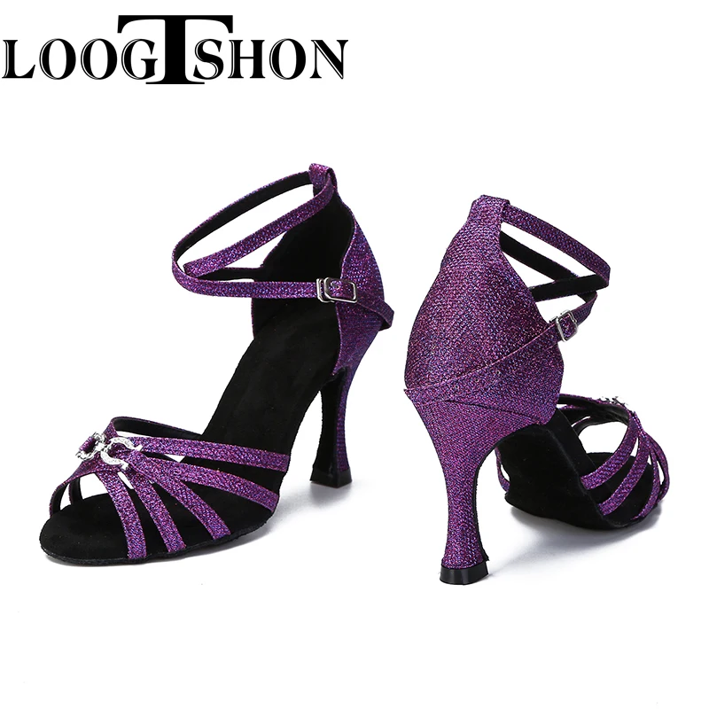 Loogtshon  Loogtshon  Dance shoes 5 strips cross pattern  satin and crystal rhinestones heel 7.5cm Suitable for all types