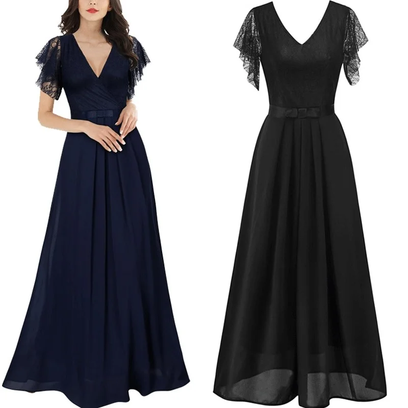 

Women Dress 2121 Summer Chiffon Dress Lace Stitching V-neck Adjustable Waist Banquet Party Dress Vestido Feminino Donsignet