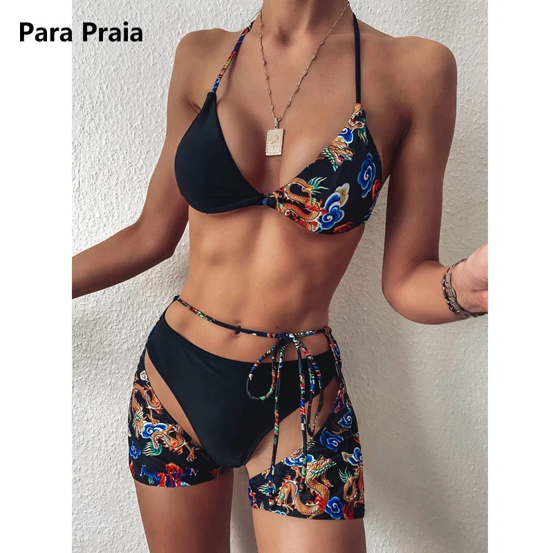 Купальник бикини женский летний из 3 предметов с цветочным принтом и завышенной
