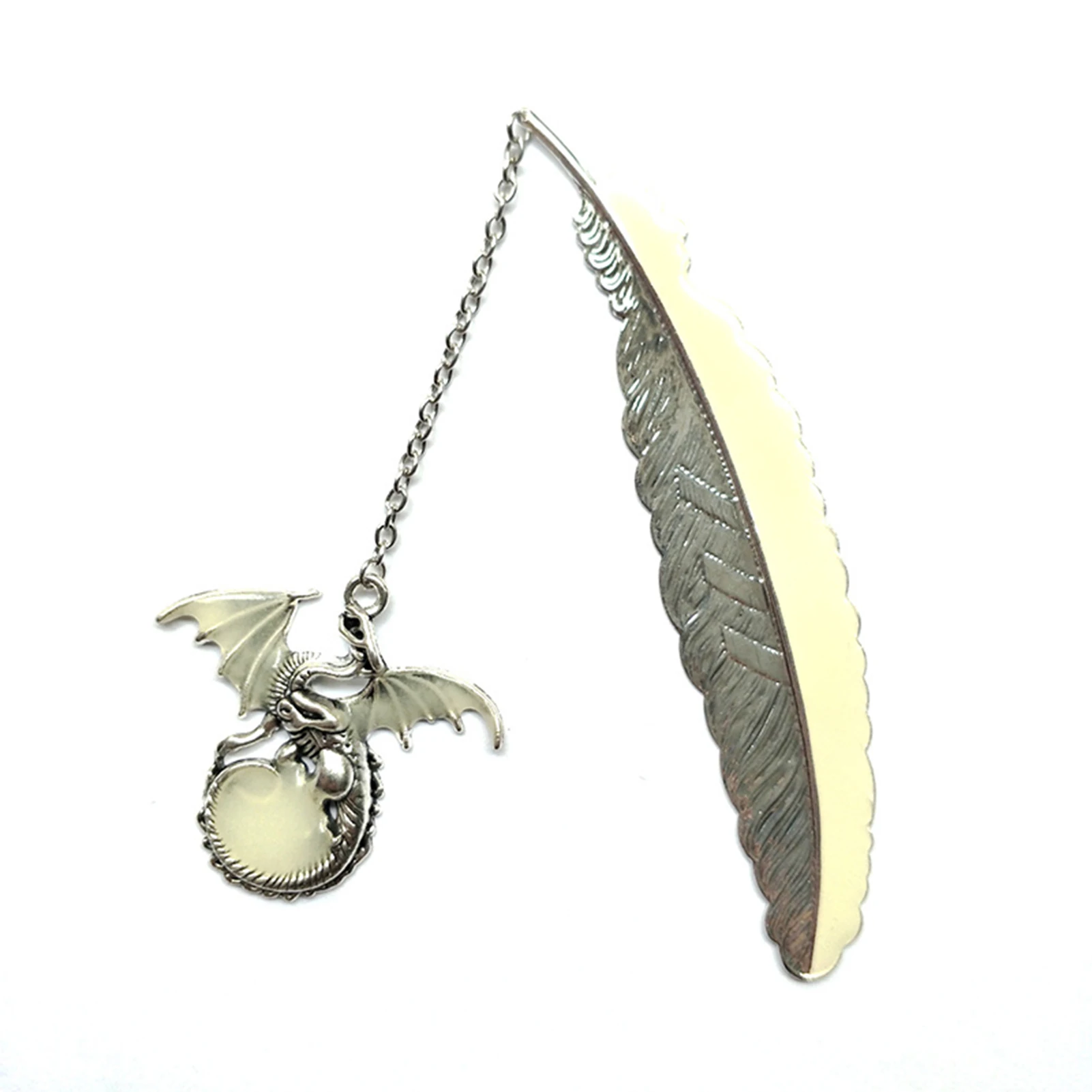 

Metal Bookmark Vintage Copper Feather Shaped Bookmark Luminous Ornament with Dragon Pendant Glow in The Dark Decor ALI88