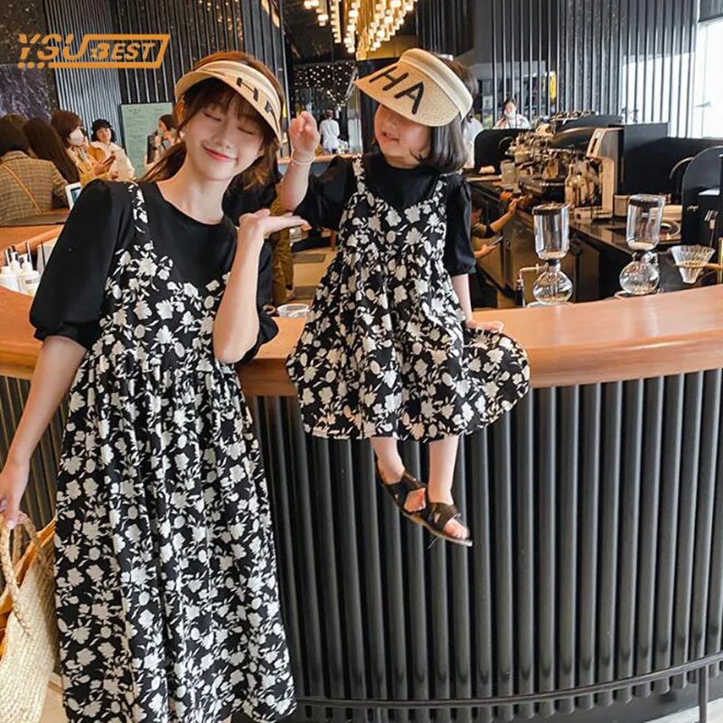 Family Mother and Daughter Short Sleeves Fake Two Piece Floral Dress Clothes Family Clothing Family Matching Outfits Dress