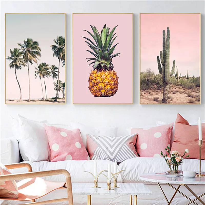 Pink Cactus Pineapple Blue Sea Beach Wall Art Canvas Painting Nordic Posters And Prints Pictures For Living Room Decor | Дом и сад