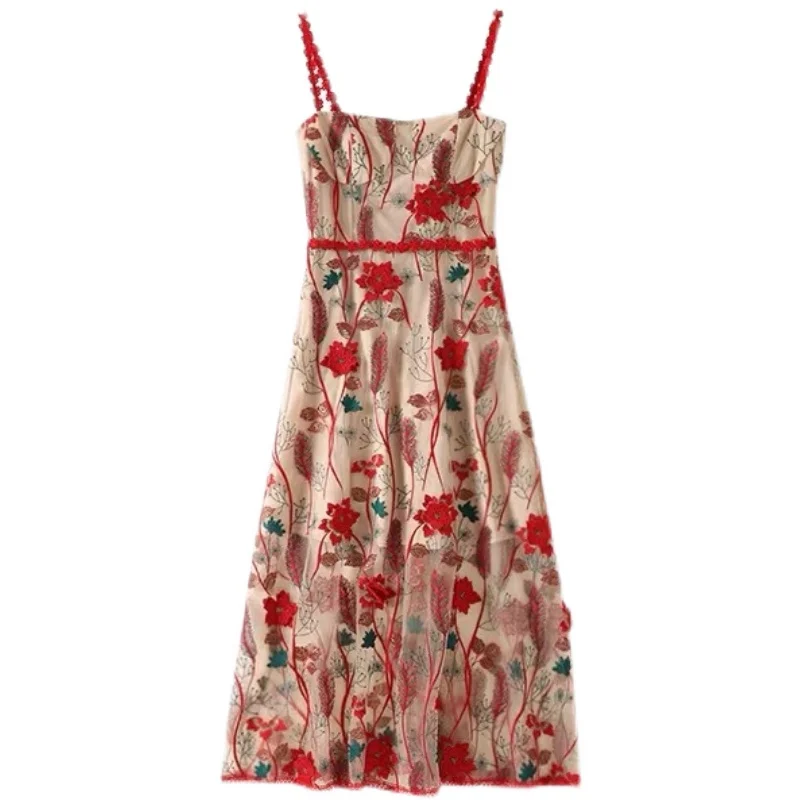

Summer Camisole Beach Dress For Slim Women Bohemian Style Mesh Appliques Floral Sleeveless Casual Lady Dresses Vestido Playa