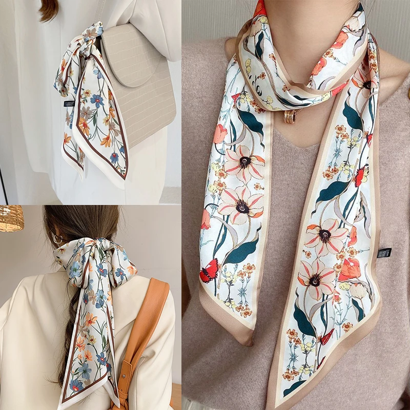

2021 Fashion Floral Print Silk Scarf Women Thin Neck Long Scarves Narrow Office Lady Shawl Bandanas Female