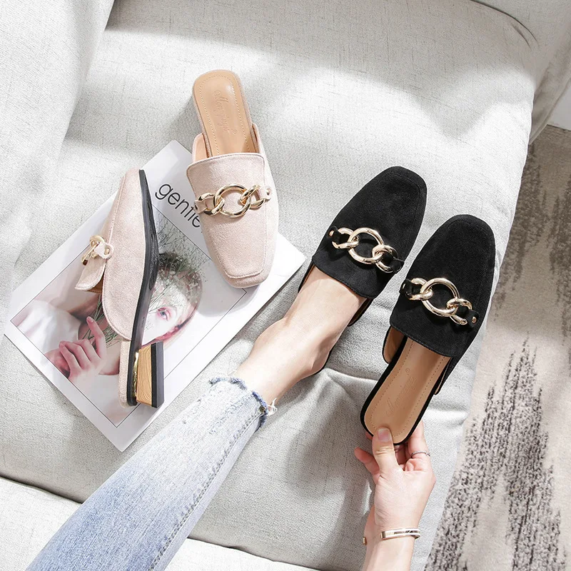 2020 designer gold chains slippers women square cover toe slides shoes metal decoration chunky heels mules big size 43 | Обувь