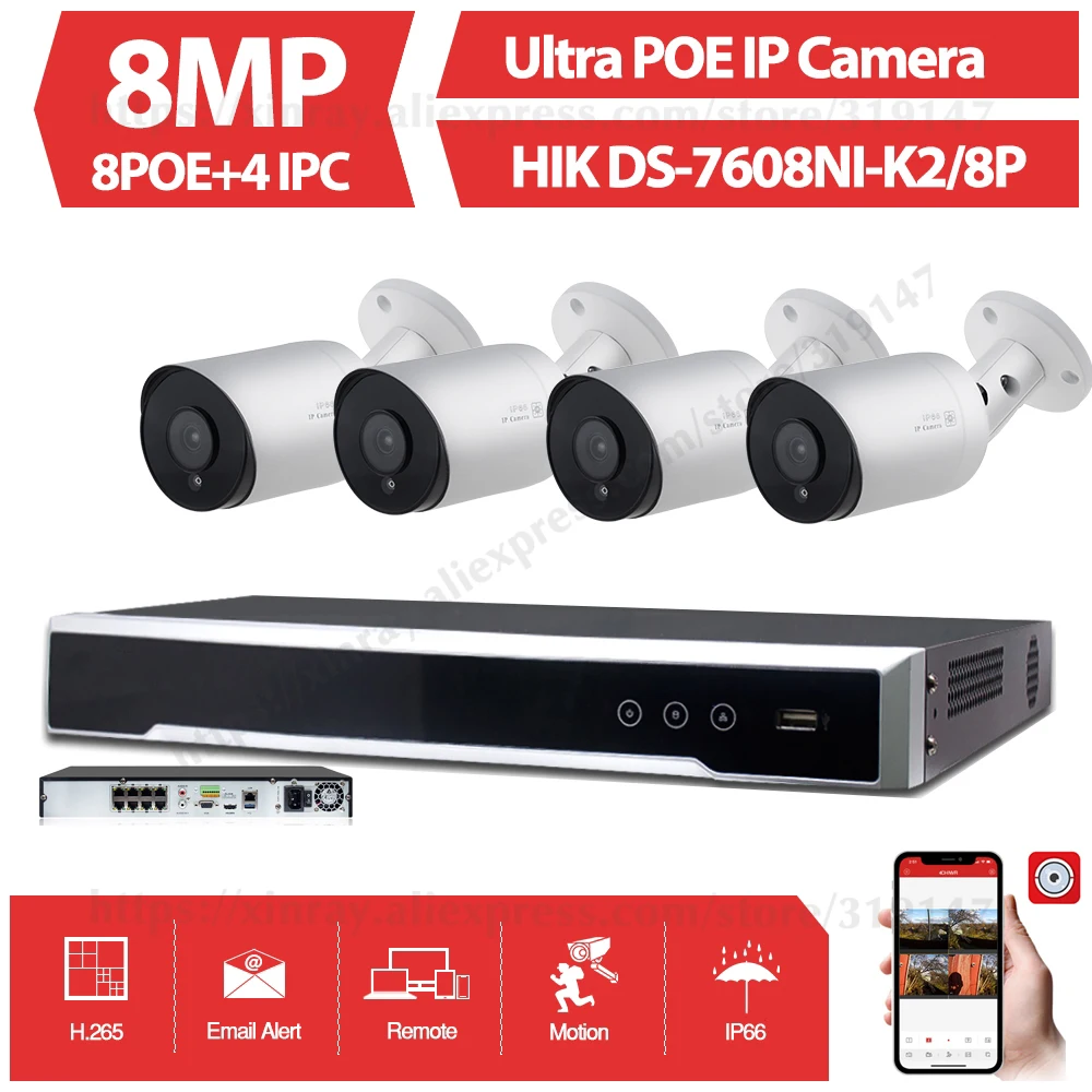 

NEW 8CH CCTV System Kit Ultra 8MP Outdoor Security POE Camera with Hikvision 8 POE NVR DS-7608NI-K2/8P Video Surveillance Kit