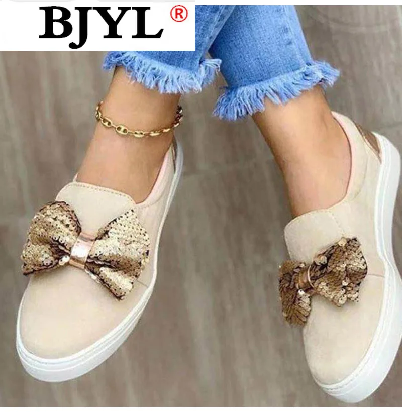 

Women's Flats 2021 Women Platform Shoes Woman Bling Bowtie Casual Loafers Female Slip on Vulcanized Shoes Plus Size 35-43