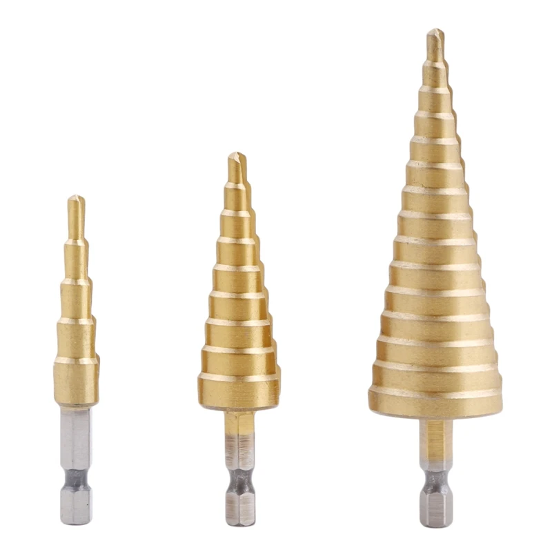 

HSS Hexagon Straight Groove Step Drill Bit Set Titanium Coated Wood Metal Hole Cutter Core Drill Bit Set
