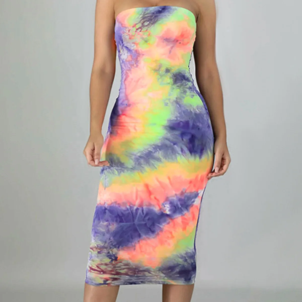 

BacklakeGirls Elegant Tie Dye Print Strapless Wrapped Bodycon Midi Dresses Women Sexy Slim Evening Party Dress Robe Longue Femme