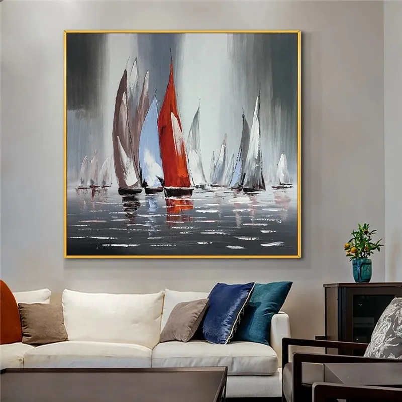 

Modern Abstract Sailing Boats on The River Poster and Prints Painted Canvas Painting Wall Art Picture for Living Room Home Decor