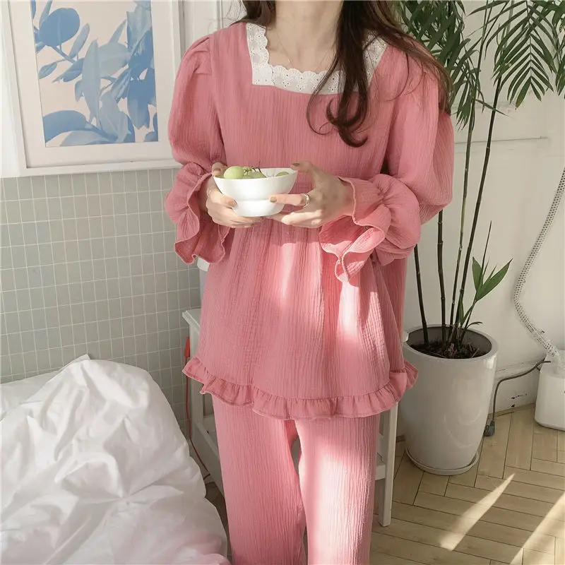 QWEEK Korean Sleepwear Women Lace Pijama Autumn Pajamas for Girls Female Set Woman 2 Pieces Pyjamas Long Sleeve Nightwear Suit