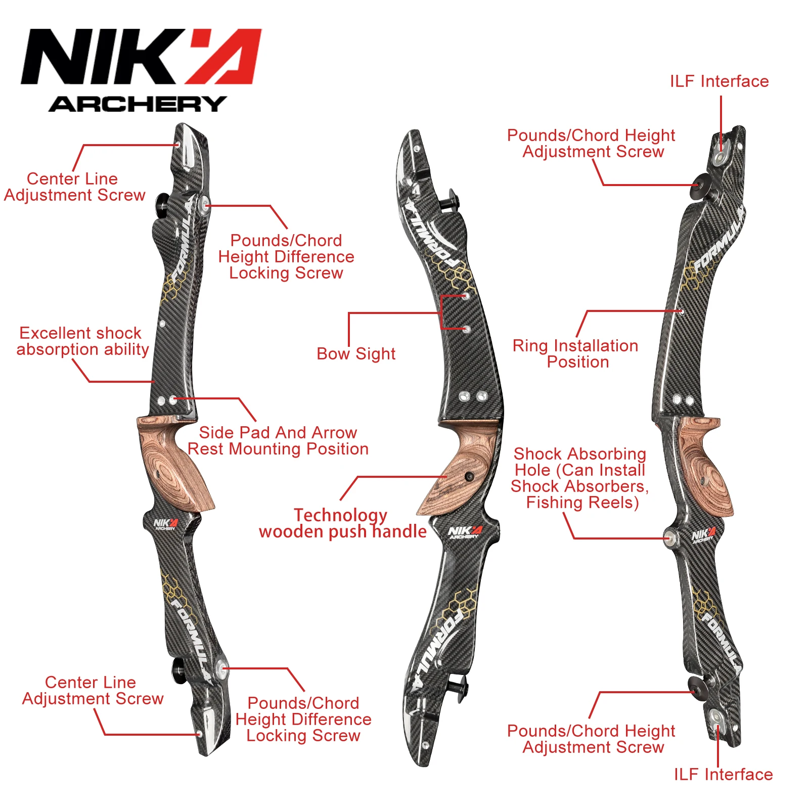 Продажа Рекурсивная ручка для лука из 100% чистого углеродного волокна, 25 дюймов